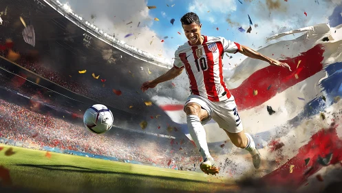 Soccer player strikes ball in packed stadium with flag backdrop