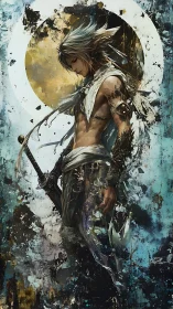 Solitary elf warrior stands before fractured celestial halo