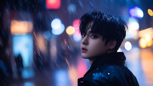 Moody youth portrait in neon lit rainy city street at night