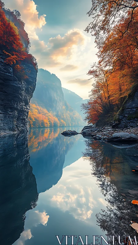 Serene autumn canyon lake reflects cliffs beneath soft clouds