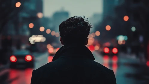 Solitary figure walks through neon lit winter city street.