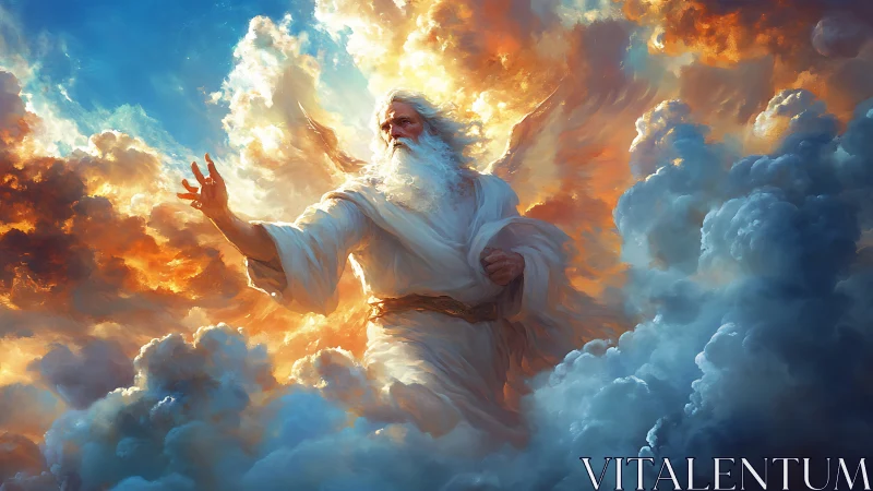 Storm-lit sky elder weaving light between thunderclouds.