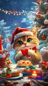Festive bokeh-lit Christmas kitten with pastry and heart cookie.