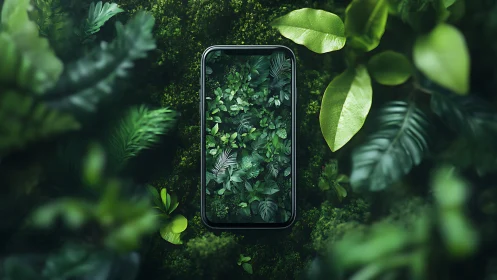 Smartphone screen integrated into dense green foliage scene.
