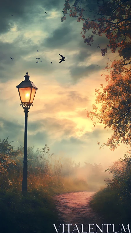 Misty forest path under glowing lamppost at sunrise.