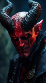 Horned red demon portrait with glowing infernal eyes.