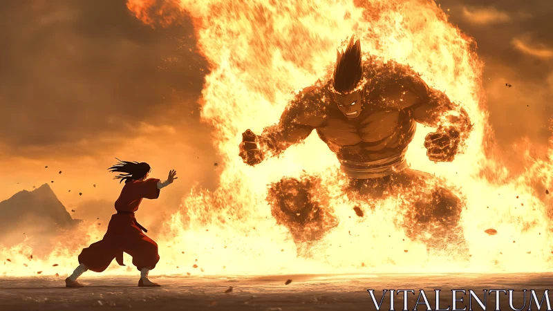 Human figure confronts large fiery humanoid in open landscape