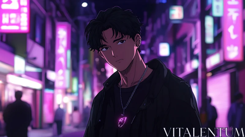 Neon-lit anime portrait isolates a lone figure in night street