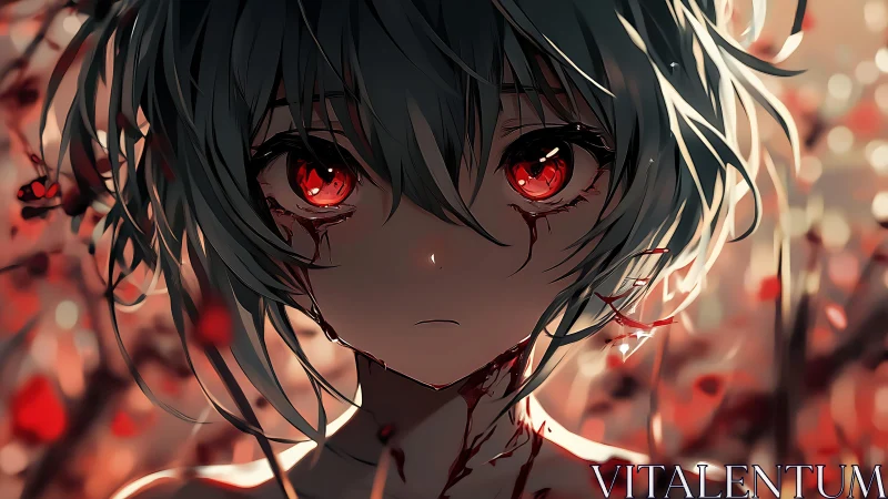 Bloodlit anime girl portrait with glowing red eyes.