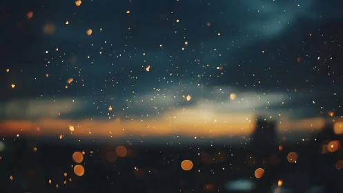 Golden dusk bokeh lights shimmer before dark city skyline