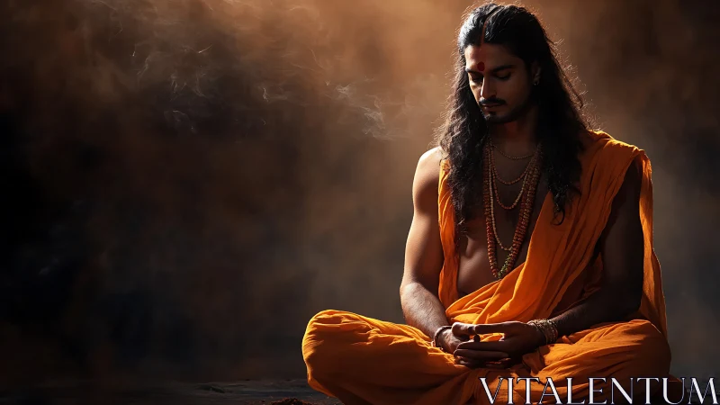 Meditating yogi in orange robes under dramatic warm backlight