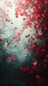 Red blossoms against misty teal forest background scene.