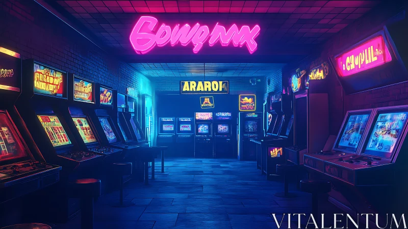 Neon-lit retro arcade corridor with glowing game cabinets.