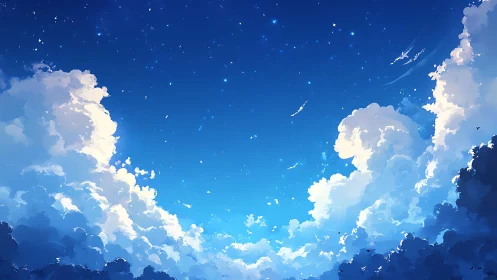 Dreamlit cumulus corridors under a star-swept sky.