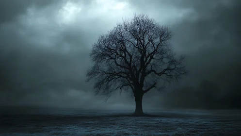 Lonely leafless tree under dark stormy night sky.