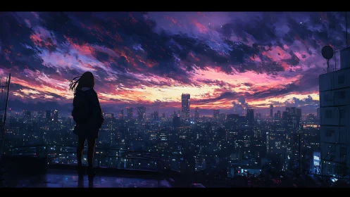 Solitary rooftop observer over emissive nocturnal skyline.