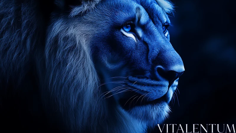 Bioluminescent blue lion rendered in high-contrast profile study