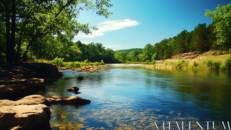 Calm forest river under clear blue summer sky.