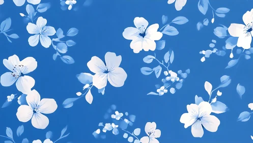 White and blue flowers on solid blue background illustration