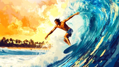 Surfer rides a blazing sunset wave in vibrant digital color