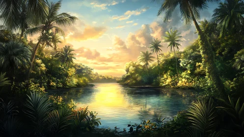 Tropical river landscape with palm trees at golden hour sunset