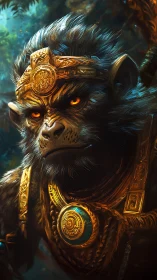 Regal armored monkey warrior stares forward in jungle scene