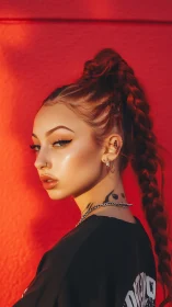 Portrait of braided woman against bold red wall background.