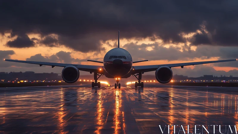 Sunset runway reflections with a waiting passenger jet.