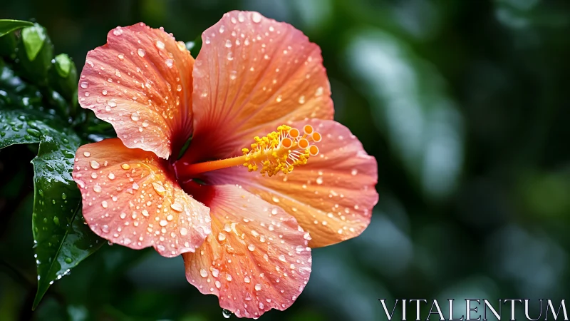 Hibiscus flower with water droplets on petals and foliage