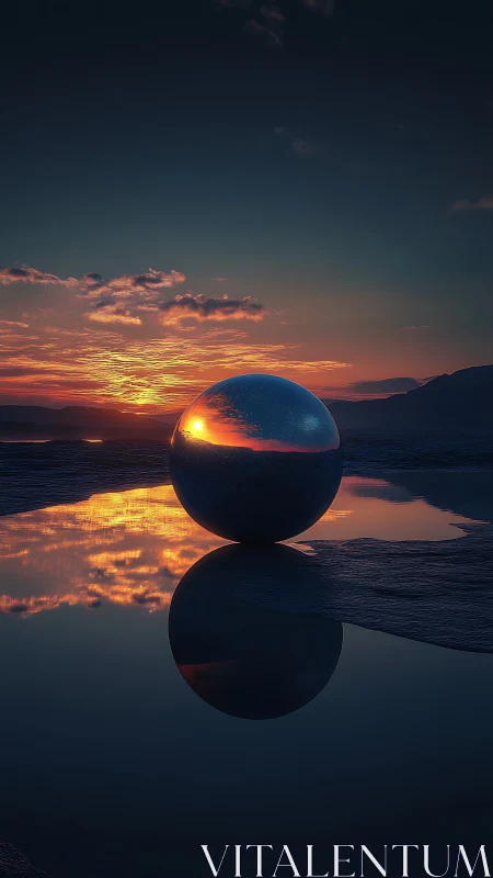 Reflective metallic sphere occupies shoreline pool at sunset
