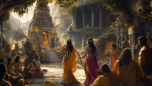 Temple courtyard procession under golden ceremonial light.