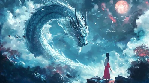 Moonlit sky dragon confronting lone shrine maiden in red.