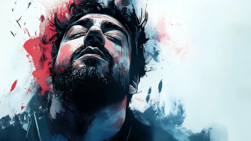 Expressive digital portrait with bold red and blue abstractions.