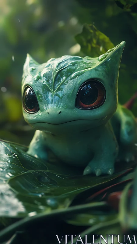 Leafy eyed forest creature on glossy jungle foliage.