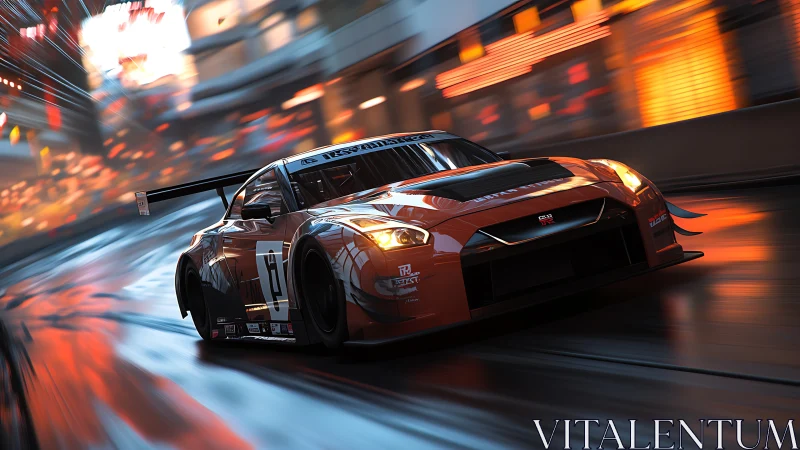 Orange GT race car powers through wet neon city track.