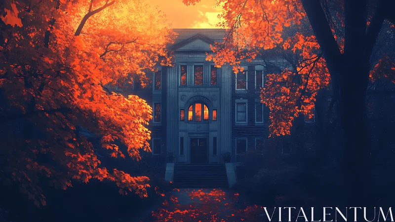 Historic mansion glows through fiery autumn forest dusk