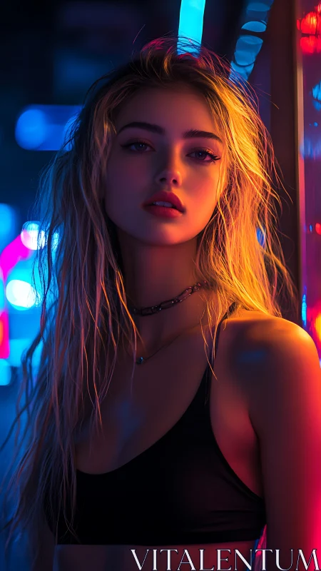 Neon-lit portrait of woman standing against reflective surface