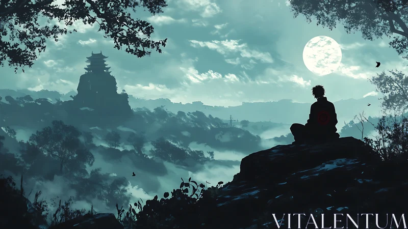Silhouetted figure overlooks misty valley and distant temple