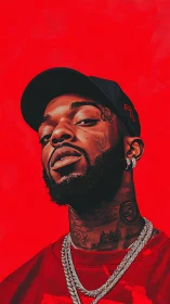 Bold red portrait with cool confidence and street style.