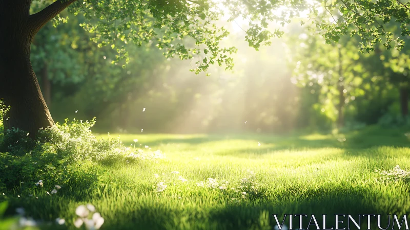 Sunlit meadow quietude beneath sheltering spring trees.