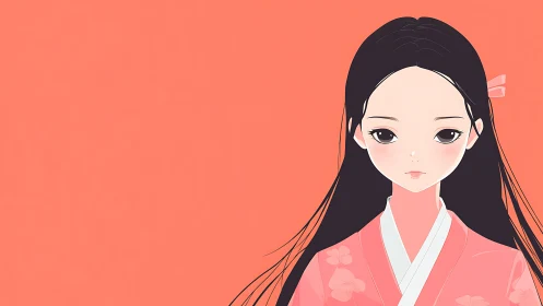Elegant anime girl in traditional attire on coral background, minimalist.