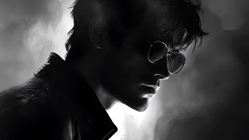 Shadowlit rebel in round glasses, carved from grayscale smoke.