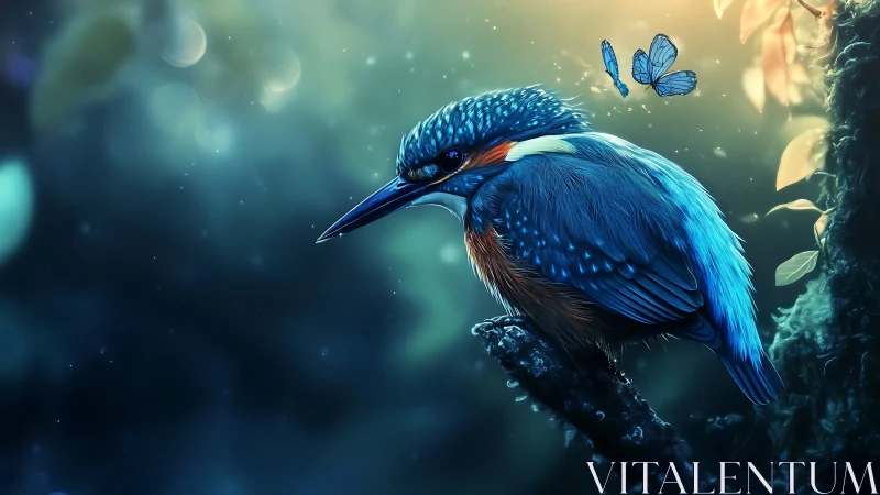 Vivid blue kingfisher and butterfly in dreamy digital art scene.