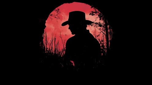 Lone dusk rider framed by blood-red frontier sky.