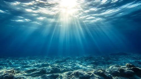 Sunbeams piercing clear blue water over rocky seabed.