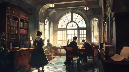 Sunlit Victorian library study with scholars in focus.