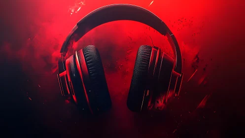 Over-ear gaming headphones in dramatic red vapor glow.