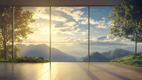 Panoramic glass interior framing luminous mountain sunrise.
