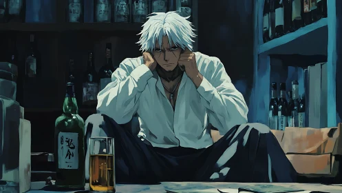 Brooding white-haired man in dim bar, moody cel-shading.