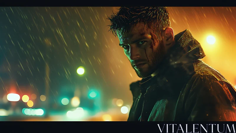 Man with bloodied face stands in rainy neon city street
